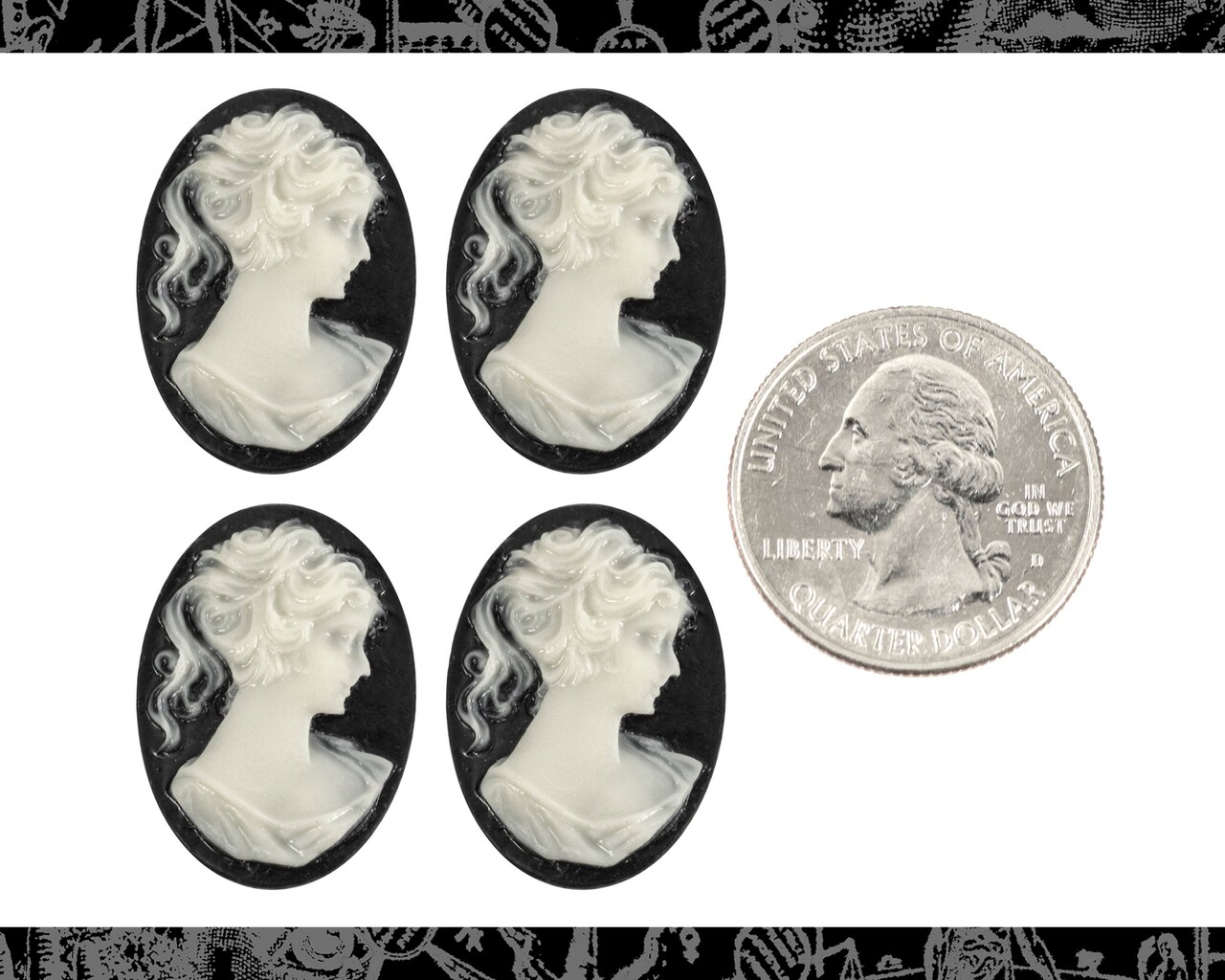 Vintage 24mm x 18mm Black and White Feminine Profile Cameos - Set of  Four Facing Right - XXX - CAM301